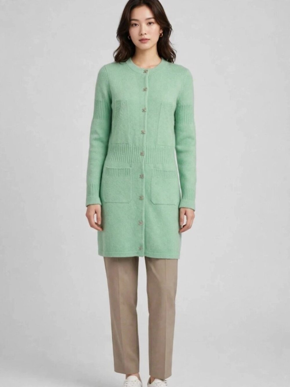 CHANEL Mint Green Longline Cardigan CC Buttons 36